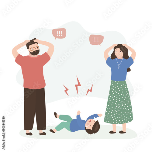 Сhild is lying on floor, screaming and crying. Kid having tantrum, hysteria. Parents can't cope with their child tantrum. Mom and dad stressed by little son behavior.