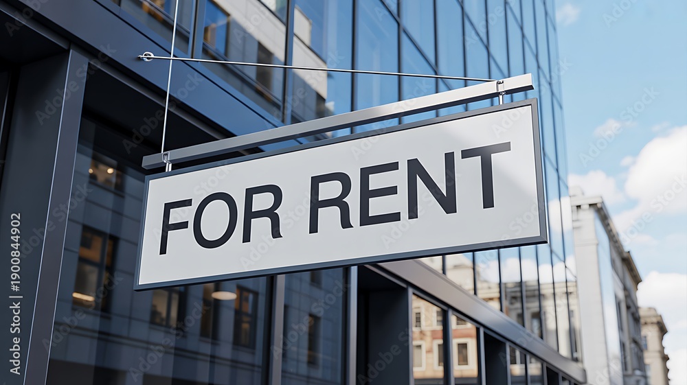 Obraz premium For rent sign hanging on modern glass building exterior 