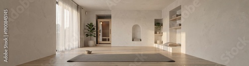 Minimalist home yoga space with mat and sauna in bright natural light