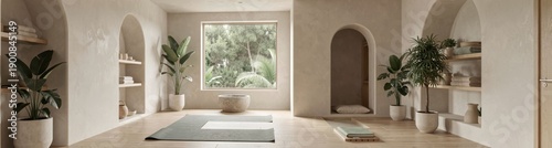 Tranquil minimalist yoga studio with large window and indoor plants