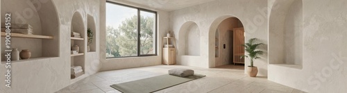 Serene minimalist home yoga studio with natural light and neutral decor