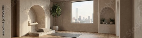 Minimalist zen meditation room with large window view of city skyline