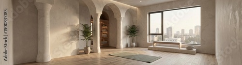 Tranquil modern yoga studio with natural light and city view