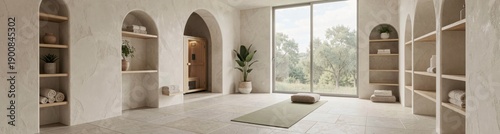 Serene minimalist yoga room with natural light and greenery