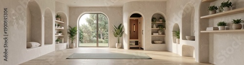 Serene minimalist yoga room with natural light and greenery