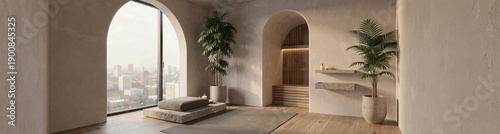 Minimalist urban apartment interior: serene living space with large window view