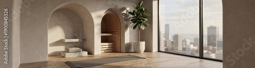 Minimalist urban yoga studio with arched shelves and city view