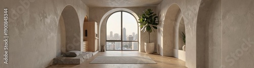 Minimalist urban living room with large window and potted plant overlooking cityscape