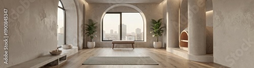 Tranquil minimalist yoga studio with large window and city view