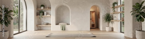 Minimalist zen yoga room with natural light, wooden shelves, and indoor plants