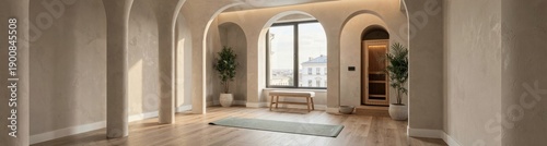 Minimalistic yoga room with arched windows and wooden flooring