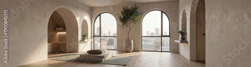 Contemporary minimalist yoga studio with skyline view and serene atmosphere