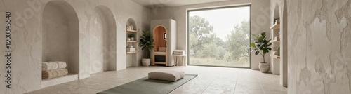 Minimalist zen yoga room with large window and natural light