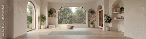 Tranquil minimalist yoga studio with large windows and indoor plants