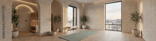 Serene minimalist yoga studio with large windows and city view