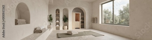Minimalist zen-inspired meditation room with neutral tones and arched features