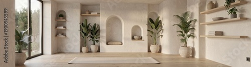 Serene minimalist yoga studio interior with plants and natural light