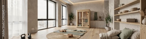 Serene modern home gym with wooden sauna and large windows