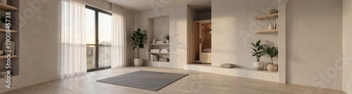 Tranquil minimalist home yoga studio with indoor sauna and natural light