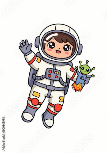 Adorable cartoon astronaut floating in space with a friendly green alien companion