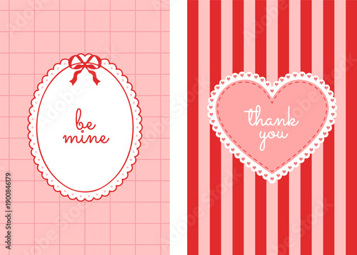 Set of cute Valentine day greeting cards with coquette scalloped frames and retro patterns
