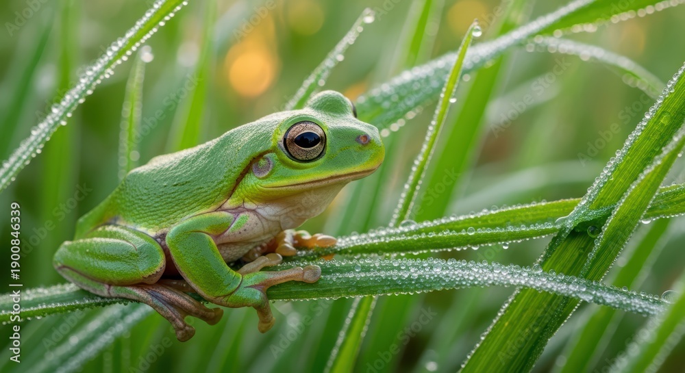 Fototapeta premium Vibrant Green Frog Perched on Dewy Blades of Grass in Soft Morning Light