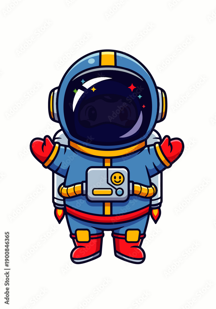 Fototapeta premium Adorable cartoon astronaut character with arms outstretched and welcoming gesture in space suit