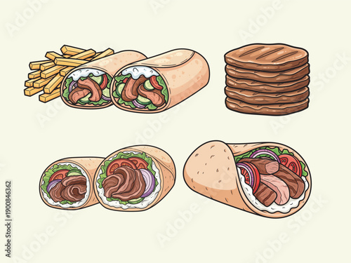 Gyros Food Illustration Set for Mediterranean Restaurant Menu and Street Food Branding