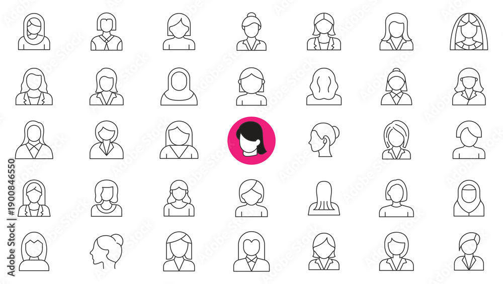 Obraz premium Set of female avatar line icons, thin linear icons of women's professions and lifestyle vector illustration 