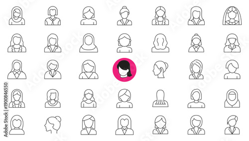 Set of female avatar line icons, thin linear icons of women's professions and lifestyle vector illustration 