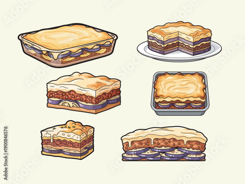 Moussaka Illustration Set for Traditional Mediterranean Menu, Recipe Design, and Food Branding