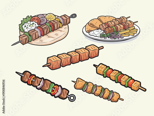 Souvlaki Illustration Set for Greek Street Food Menu, Restaurant Branding, and Food Design