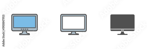 Three computer monitors in a row displaying different screen states