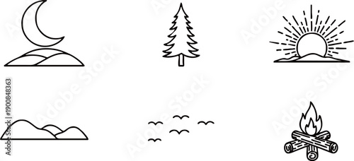 Collection of minimalist line art icons depicting nature scenes including moon, sun, pine tree, birds, mountains, and a campfire.