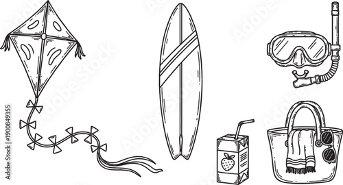 A collection of hand-drawn summer and beach vacation items including a kite, surfboard, snorkeling gear, juice box, and beach bag.