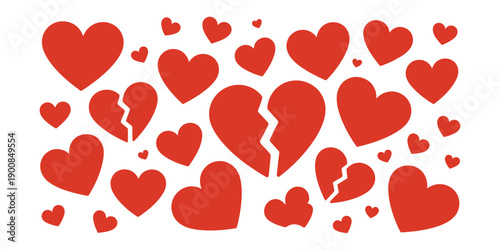 Collection of red hearts including whole and broken shapes on a white background. valentine's day love icon.