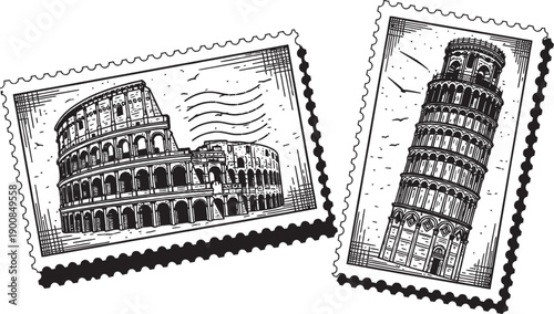 Two vintage postage stamps depicting famous Italian landmarks: the Colosseum and the Leaning Tower of Pisa.