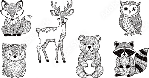 Black and white line art illustrations of various woodland animals including a fox, deer, owl, bear, and raccoon, with intricate patterns.