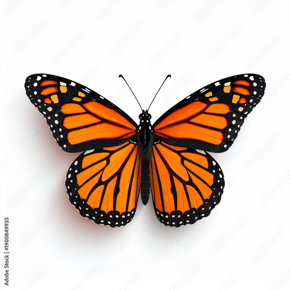Fototapeta premium Monarch Butterfly with Orange Wings and Black Pattern on White Background