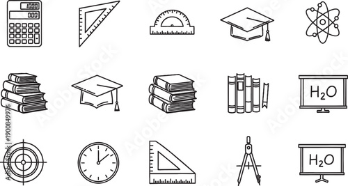 A collection of black and white line art icons representing various educational, scientific, and mathematical tools and concepts.