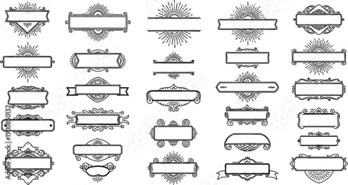 A large collection of vintage ornate decorative frames, banners, and labels with intricate line art designs and sunburst elements, perfect for design projects.