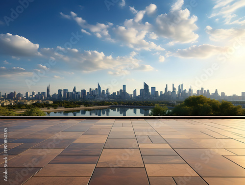 Large empty square floor and a modern cityscape background with tall, sleek buildings