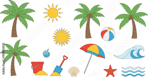 Cartoon tropical beach illustration set with palm trees and summer elements, colorful flat vector icons for vacation, travel, and seaside designs