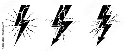 Cracked lightning bolt icon set, black and white