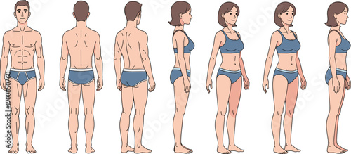 Human anatomy figure icon set, male and female body front, back, and side views, black and white vector illustration, medical and educational theme, isolated background