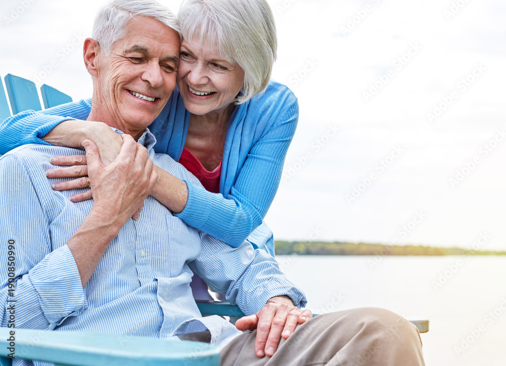 Obraz premium Smile, hug and senior couple outdoor on bench with bonding, love and care together on holiday. Happy, space and elderly woman embracing man for marriage connection on summer vacation or weekend trip.