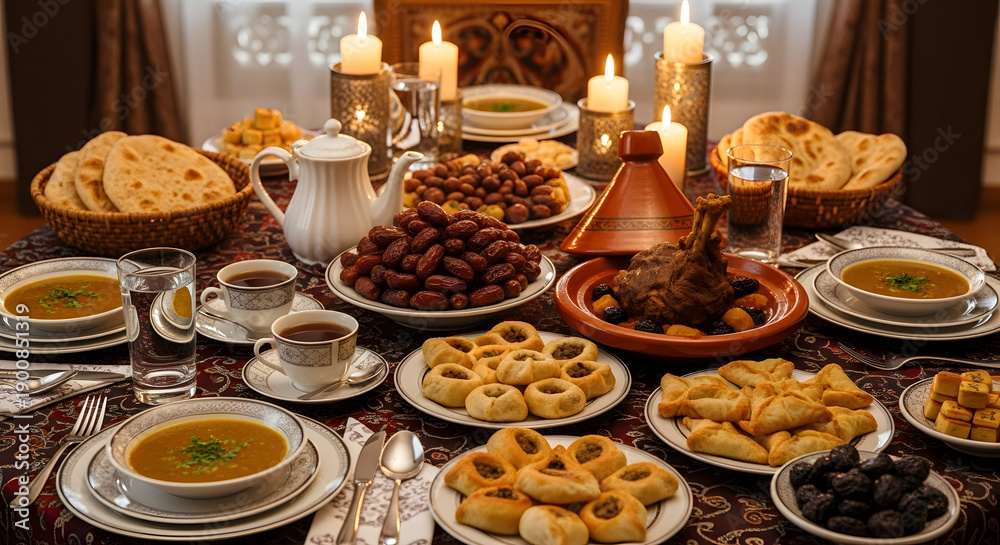 Fototapeta premium A beautifully adorned table showcasing a traditional Middle Eastern and North African feast with diverse dishes, dates, pastries, and warm candlelight.