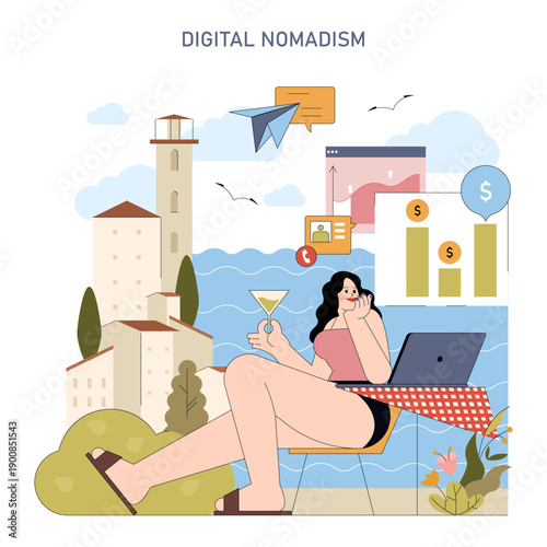 Digital Nomad Relaxing with Laptop by the Sea