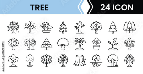 Outline Tree Icon Set 24 in Line Art Style for Environment, Gardening, and Digital Interface Design