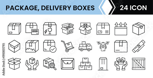 Package and Delivery Line Art Icon Pack with Outline Shipping and Box Symbols for Web, App and UI Design